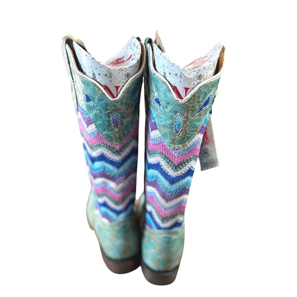 Tanner Mark NWB Womens SZ 9 Turquoise Zigzag Western Cowboy Boots Square Toe - Picture 3 of 12